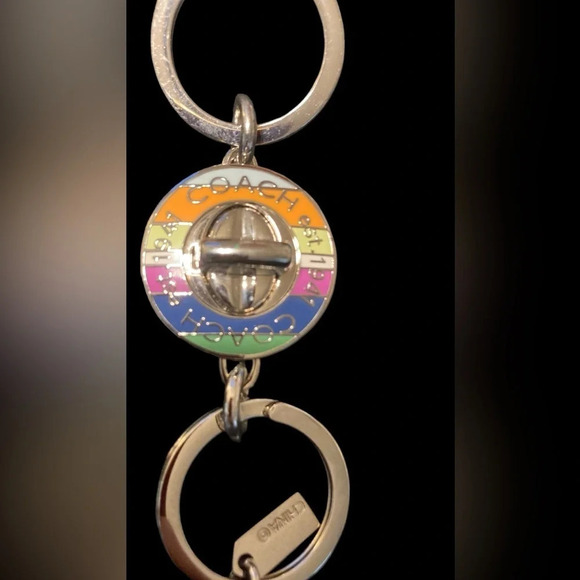 COACH Rainbow-Striped Turn Lock Keychain Purse Charm Double Ring PRIDE NWT - Picture 3 of 8